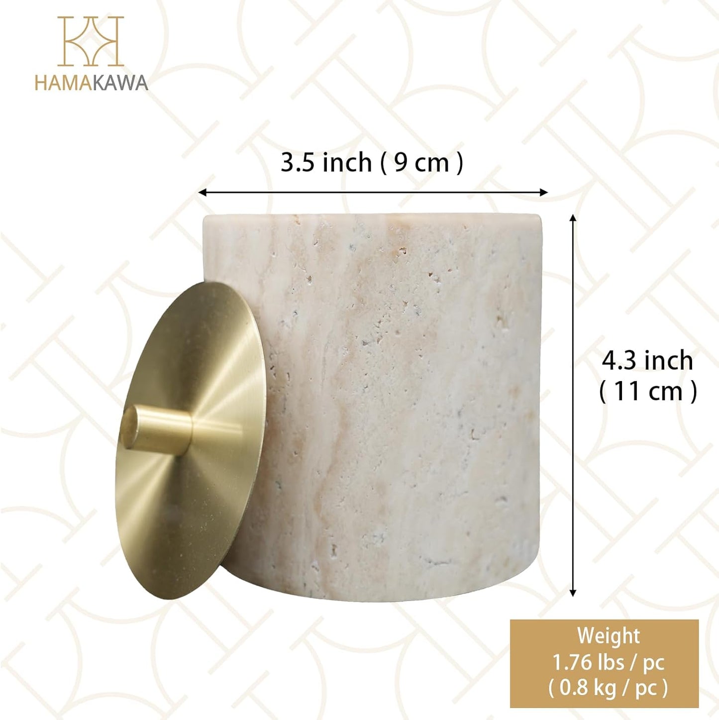 Qtip Holder With Brass Lib, Beige Travertine Cotton Swab Jars 4 Inch, Modern Round Marble Canister, Small Apothecary Storage Jars for Bathroom, Bedroom, Vanity, Kitchen Cabinet