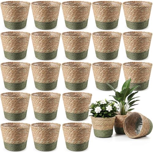 AceOrbit 24 Pcs Wicker Plant Basket Bulk with Liners Woven Planter Baskets Bulk for Indoor Outdoor Seagrass Plants Woven Wicker Baskets for Flower Pots Cover and Room Decor (Small,Farmhouse) by Unknown