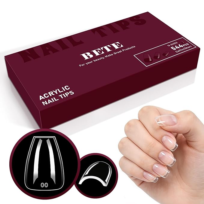BETE Short Coffin Nail Tips, 544Pcs 16 Sizes, Clear Acrylic Full Cover False Nails, Pre-Shaped, Strong & Thicker, Long Lasting Press on Nails for DIY at Home & Salon