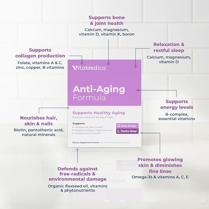 VitaMedica Anti-Aging Formula AM/PM Multivitamin Packets for Women & Men – Supports Radiant Skin, Hair & Nails, Daytime Energy + Nighttime Recovery – 30 Packs