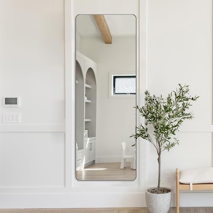 ANDY STAR 18" x 48" Full Length Wall Mirror, Large Brushed Nickel Mirror for Bathroom, Rounded Corner Rectangle Body Mirror for Floor and Leaning