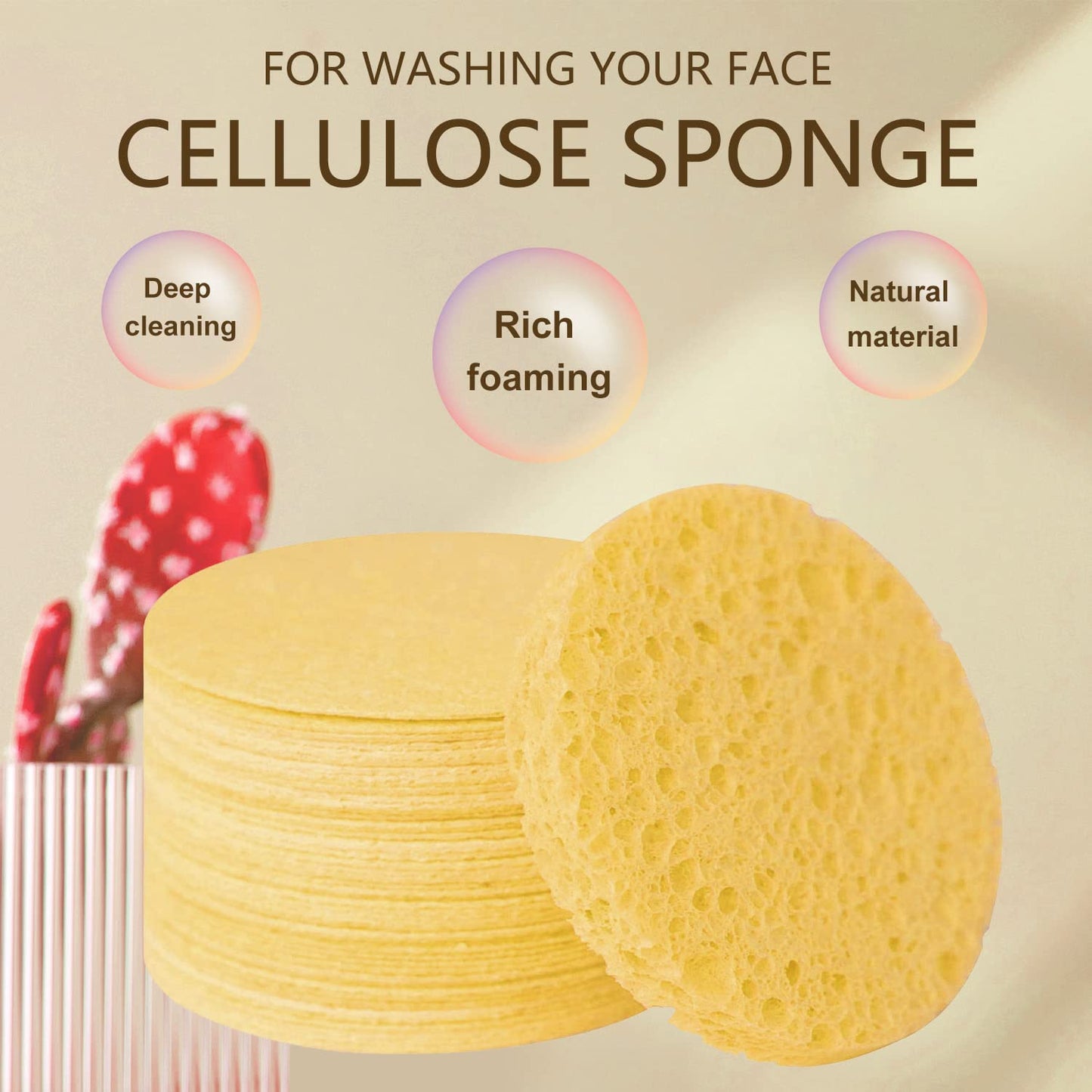 100-Count Facial Sponges Compressed Natural Cellulose Sponge Round Shape Face Sponge for Face Cleansing Exfoliating and Makeup Removal, Yellow