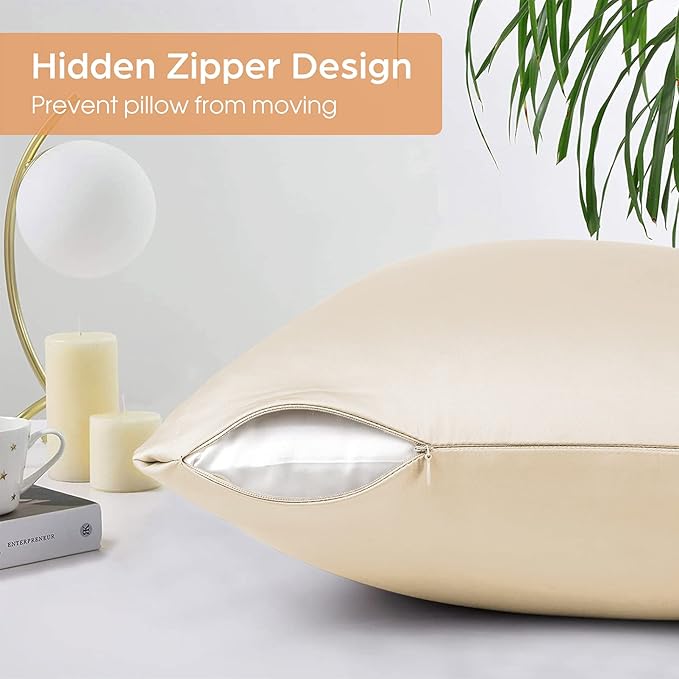 Silk Pillowcase for Hair and Skin, 2 Pack 100% Mulberry Silk Pillowcase 25 Momme, 600 Thread Count, Both Side Pure Silk Pillow Cover with Hidden Zipper (Beige, Standard 20''×26'')