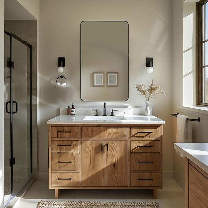 ANDY STAR Black Bathroom Mirror, 24”x40” Rounded Corner Rectangle Mirror, Modern Metal Frame Bathroom Vanity Mirror(Matte Black Finish)