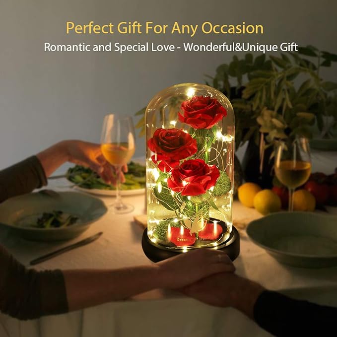 Valentines Day Gifts for Her,Beauty and The Beast Rose in Glass Dome,Anniversary Rose Gifts for Wife,Valentines Flowers Birthday Gifts for Women,Romantic Red Silk Rose Flower Gifts for Women