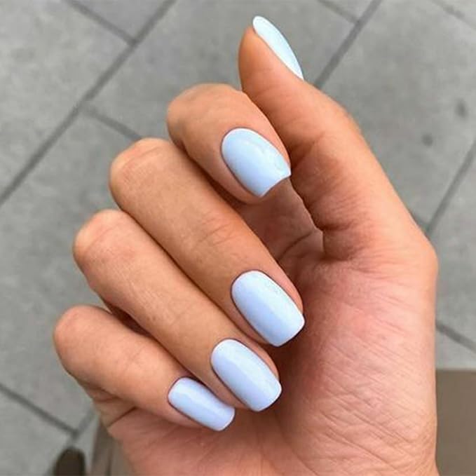 Modelones 32Pcs Baby Blue Press on Nails, Short Square Fake Nails, Reusable Nail Kit with Nail Glue Adhesive Tabs Mini Nail File, Nails Press Ons 16 Sizes