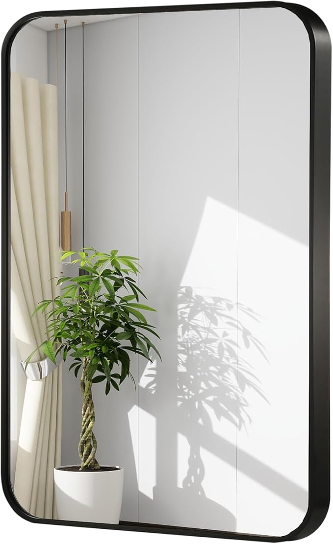 40x30 Inch Black Wall Mirror for Bathroom, Brushed Metal Framed Mirror with Rounded Corner, Rectangle Bathroom Vanity Mirror for Bedroom or Living Room, Horizontal/Vertical
