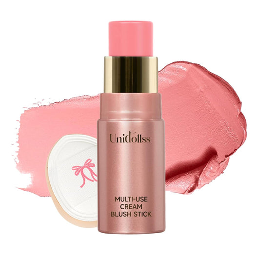 Multi-Use Makeup Cream Blush Stick, Unidollss 3-in-1 Buildable Powder Blush Stick for Cheeks, Eyes, and Lips, Hydrating formula, All day wear, Easy Application with Thumb Puff Included (01 WHISPER)