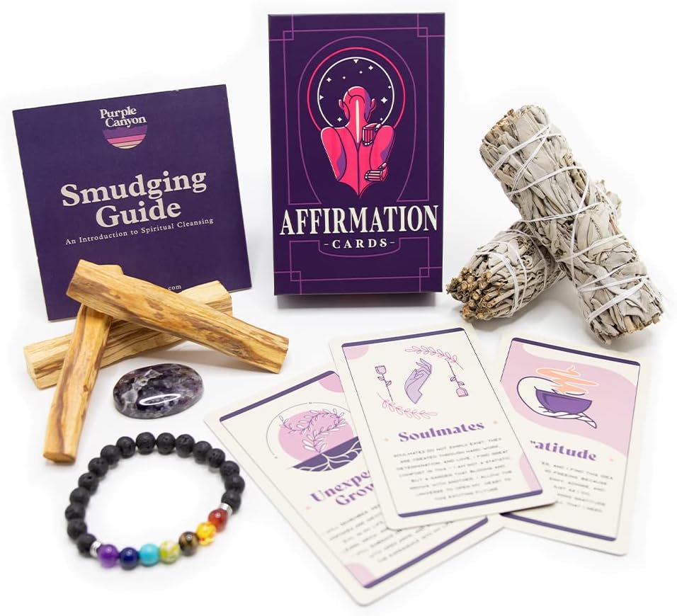 Purple Canyon Affirmation Meditation Kit with White Sage Smudge Kit and Affirmation Cards for Mindfulness and Stress Relief