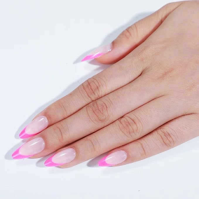 Rnker French Tip U Shape Press On Nails - Pink, Almond Top gel Nails with Bright Finish, 15 Sizes - 30 Nail Kit with Glue