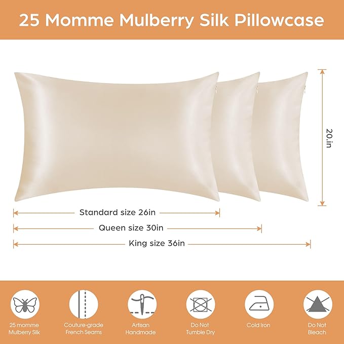 Silk Pillowcase for Hair and Skin, 2 Pack 100% Mulberry Silk Pillowcase 25 Momme, 600 Thread Count, Both Side Pure Silk Pillow Cover with Hidden Zipper (Beige, Standard 20''×26'')