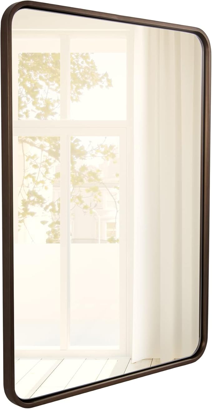 ANDY STAR Bronze Bathroom Mirror, 24X36 Bronze Vanity Mirror for Wall, Rounded Rectangle Mirror Tube Metal Frame Hang Vertically or Horizontally
