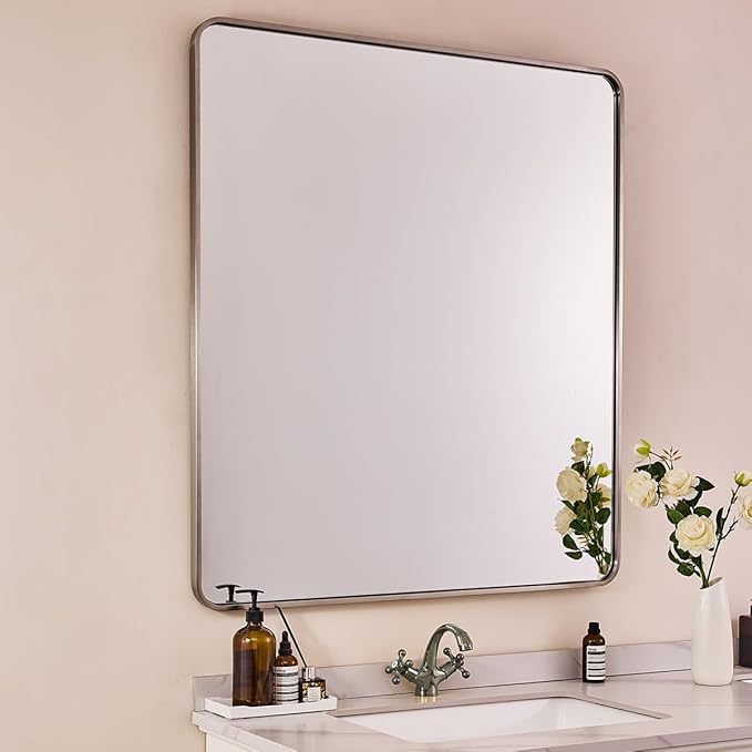 ANDY STAR 40x32 Inch Brushed Nickel Bathroom Mirror, Rounded Rectangle Bathroom Vanity Mirrors for Wall, Anti-Rust SUS304, Seamless Tube Metal Frame, 1’’ Deep Wall Mounted Vertically/Horizontal