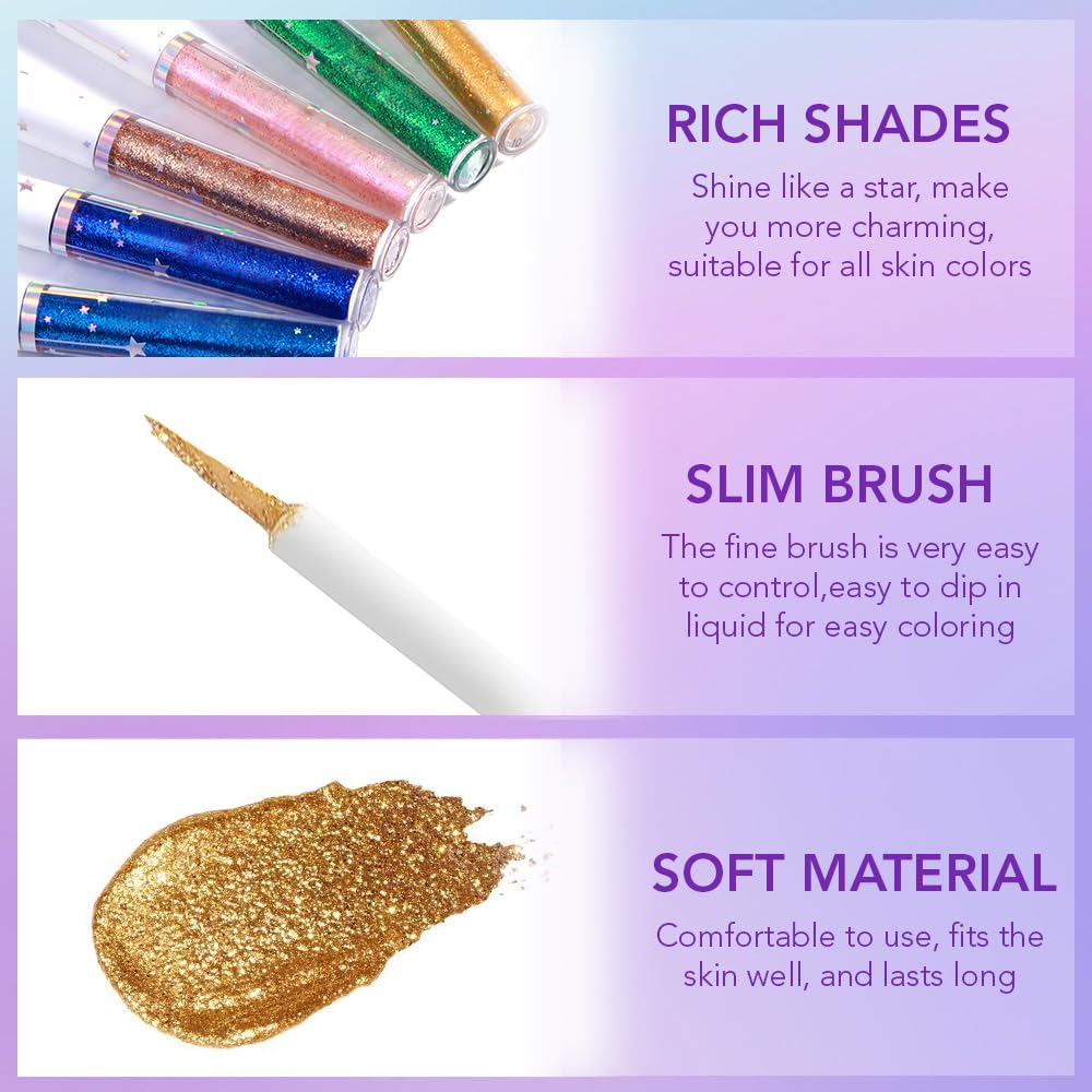 6Pcs Shimmer Metallic Eyeshadow Eyeliner Set - Glitter Sparkle, Long Lasting, Quick Drying, Waterproof & Smudge Proof, High Pigment Liquid Eyeshadow for Parties, Cosplay, Weddings (Set 2#)