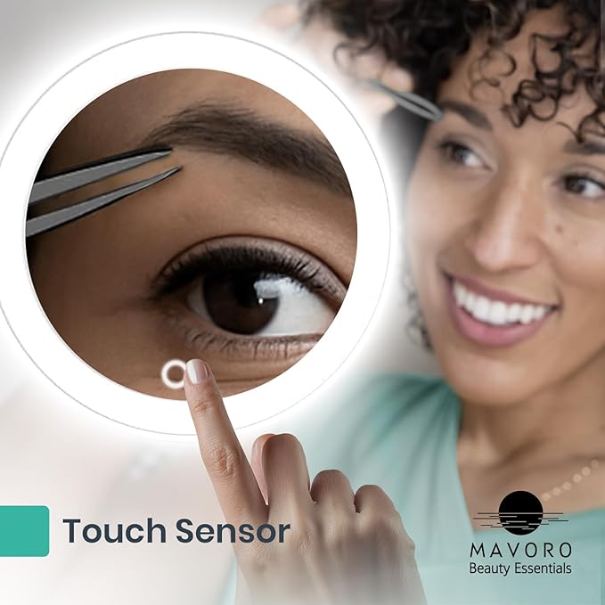 Mavoro 6.8" LED Magnifying Mirror with 3 Strong Suction Cups | 10X Magnification | Portable Lighted Travel Makeup & Cosmetic Mirror with Light (USB-C Rechargeable Built-in Battery |10X)