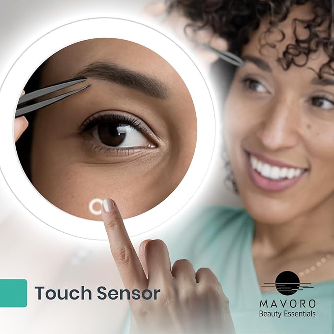 Mavoro 6.8" LED Magnifying Mirror with 3 Strong Suction Cups | 5X Magnification | Portable Lighted Travel Makeup & Cosmetic Mirror with Light (USB-C Rechargeable Built-in Battery | 5X)