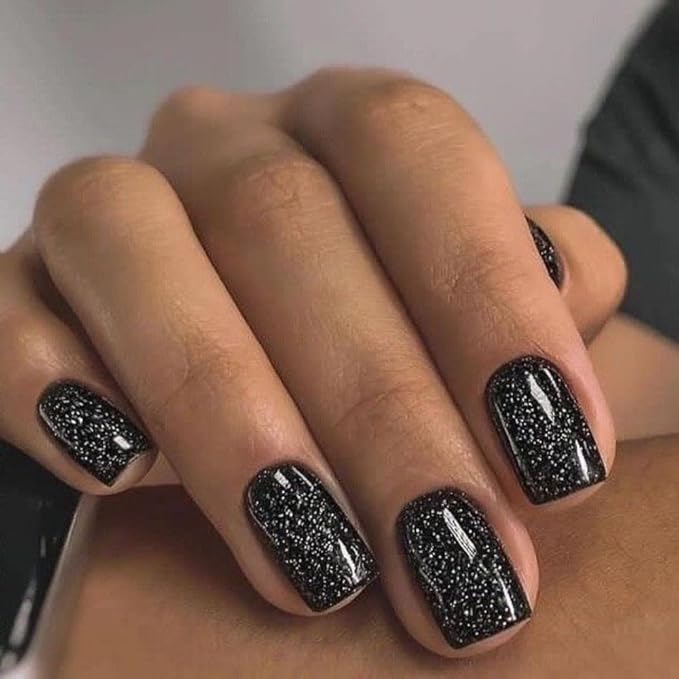 Modelones 32Pcs Sparkle Black Press on Nails, Glitter Short Square Fake Nails, Reusable Nail Kit with Nail Glue Adhesive Tabs Mini Nail File, Nails Press Ons 16 Sizes