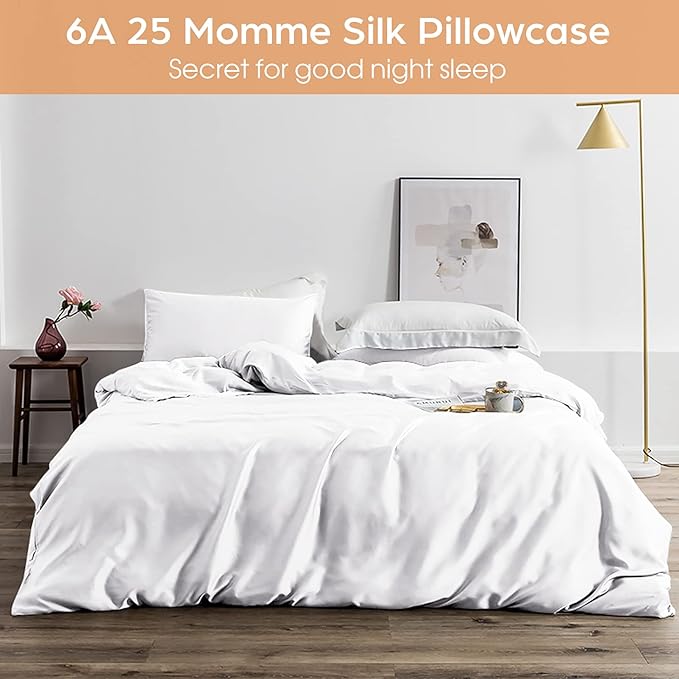 Silk Pillowcase for Hair and Skin, 2 Pack 100% Mulberry Silk Pillowcase 25 Momme, 600 Thread Count, Both Side Pure Silk Pillow Cover with Hidden Zipper (White, Queen 20''×30'')