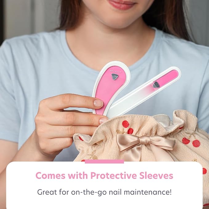 Glass Nail File Set by Bona Fide Beauty - Ergo File - Premium Nail Care Tools Genuine Czech Glass (Pink)