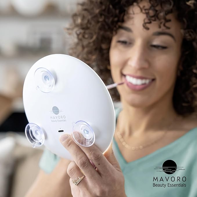 Mavoro 6.8" LED Magnifying Mirror with 3 Strong Suction Cups | 10X Magnification | Portable Lighted Travel Makeup & Cosmetic Mirror with Light (USB-C Rechargeable Built-in Battery |10X)