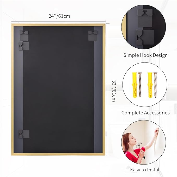 Koonmi Gold Rectangle Wall Mirror, 24x32 Inch Bathroom Mirror, Aluminum Frame Vanity Mirror for Entryway, Living Room, Bedroom Bathroom, Hangs Horizontally or Vertically