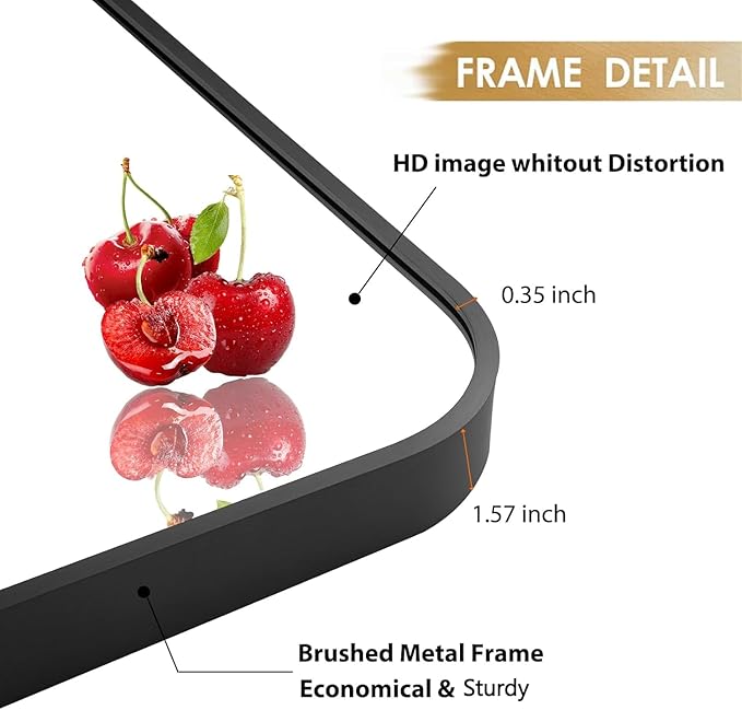 40x30 Inch Black Wall Mirror for Bathroom, Brushed Metal Framed Mirror with Rounded Corner, Rectangle Bathroom Vanity Mirror for Bedroom or Living Room, Horizontal/Vertical