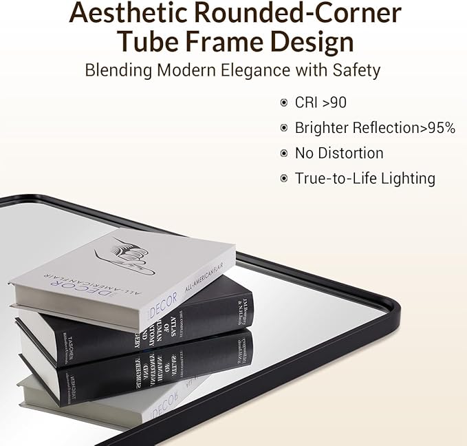 ANDY STAR 30x36’’ Bathroom Mirrors for Wall, Matte Black Bathroom Vanity Mirror, Contemporary Rounded Rectangle Mirrors Wall Mounted in Tube Metal Frame, Hang Horizontal/Vertical 1’’ Deep