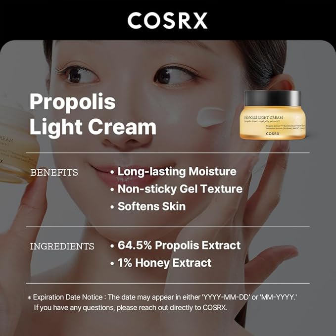 COSRX Full Fit Propolis Light Cream, 2.19 Fl.oz / 65ml, Propolis 64.5%, Hydrating Daily Day and Night Moisturiser, Korean Skin Care, Not Tested on Animals