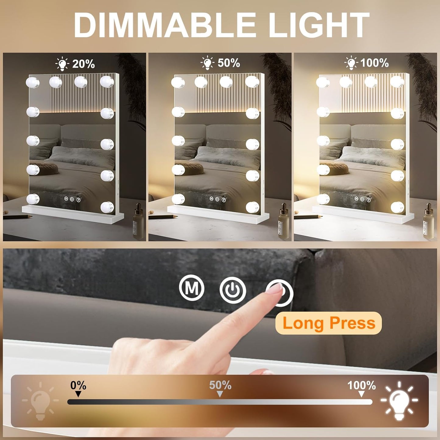 Hollywood Vanity Mirror with Lights, 12 Dimmable Bulbs, 3 Color Lights,Make Up Lighted Mirror, Aluminum Metal Frame, USB Charging Port（14" x 18"）