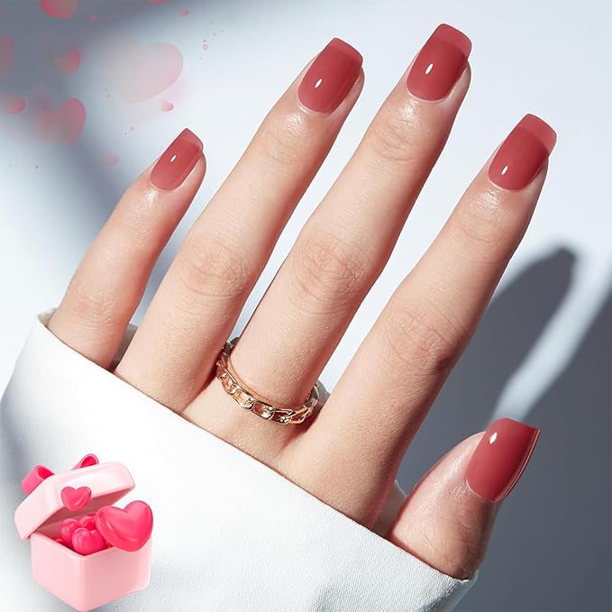 Modelones Rose Red Press on Nails, Valentines Short Square Fake Nails, Semi-Transparent Reusable Nail Kit with Nail Glue Adhesive Tabs Mini Nail File, Nails Press Ons 32Pcs16 Sizes, Women Girl Gift