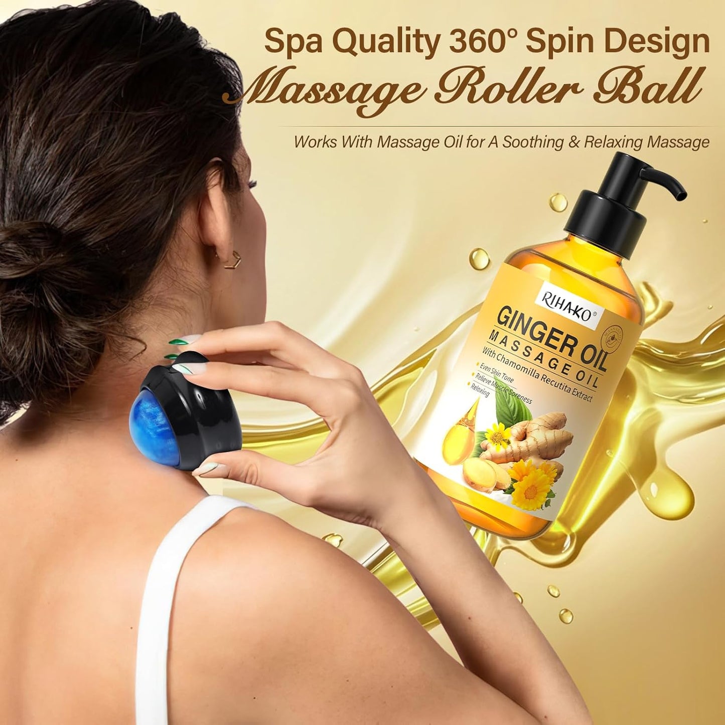 3 Pack Massage Oil for Massage Therapy,Ginger for Lymphatic Drainage, Lavender for Relaxation, Eucalyptus Mint for Muscle Relief | Massage Therapy & Date Night Spa Gift with Massage Ball for Him & Her