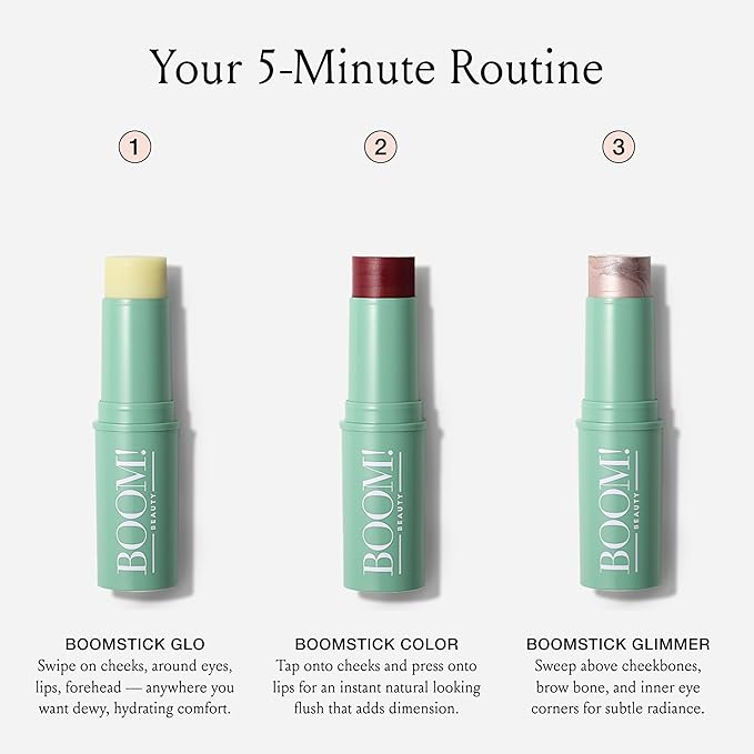 Boomstick Trio ® Color 3 Pack Cream Blush Makeup, Color Blush Stick, Highlighter Stick & Moisturizer for Cheeks, Eyes & Lips, Blendable Vegan Boom Sticks by Cindy Joseph for Older Women, BOOM Beauty