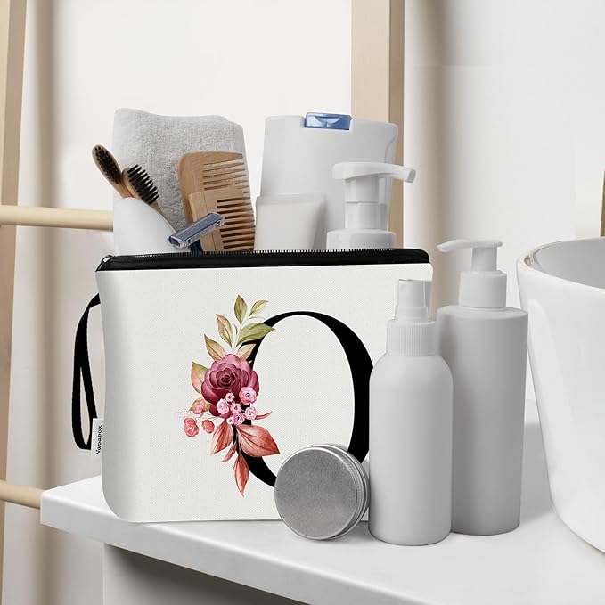 Vavabox A-Z Personalized Makeup Bag, Birthday Gifts for Women Mom, Gifts for Best Friend, Bride Bridesmaid Cosmetic bag (O, 03-White Set)