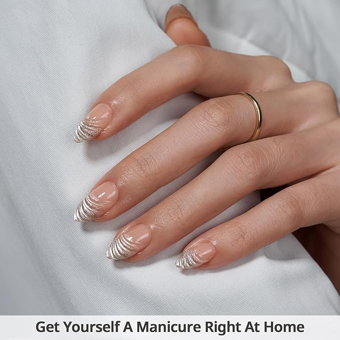 BTArtbox French Tip Press On Nails - Lamp-Curable 3D Sculpting Short Almond Press On Nails with Glue for Women, Semi-Transparent Soft Gel Glue On Nails in 16 Sizes - 32 Stick On Nails Kit, Exquiste