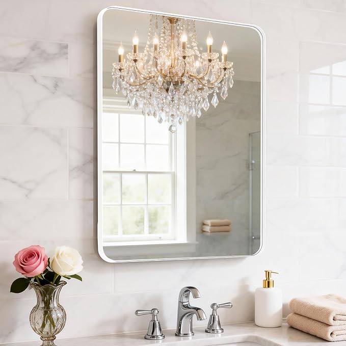 24" x 28" Bathroom Mirror Wall Mounted, Matte Aluminum Alloy Frame with Rounded Corners, Shatterproof Tempered Glass, Anti-Rust HD Vanity Mirror for Bathroom, Bedroom, Entryway (White)