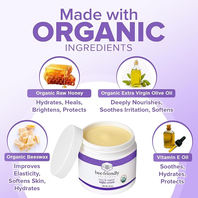 BeeFriendly Organic Night Cream, USDA Certified Organic, Deep Hydrating & Moisturizing Night Time Eye, Face, Neck & Decollete Cream for Women and Men, Skin renewing 4 oz (2 Jars in box)