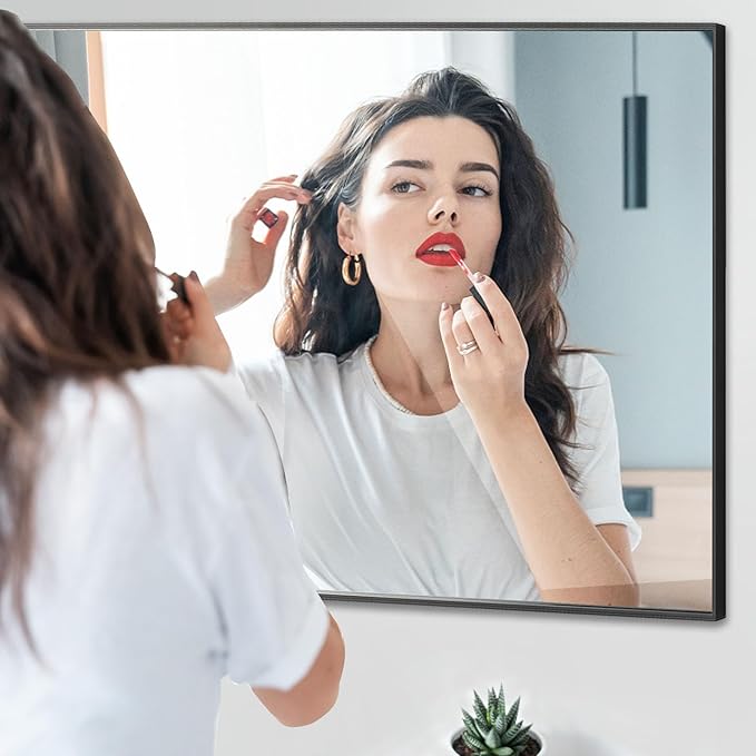 30x40 Inch Black Bathroom Mirror, Copper-Free Mirror, Aluminum Alloy Frame Vanity Mirror, Rectangle Wall Mounted Mirror, Modern Mirror for Bedroom/Living Room/Porch Horizontal or Vertical