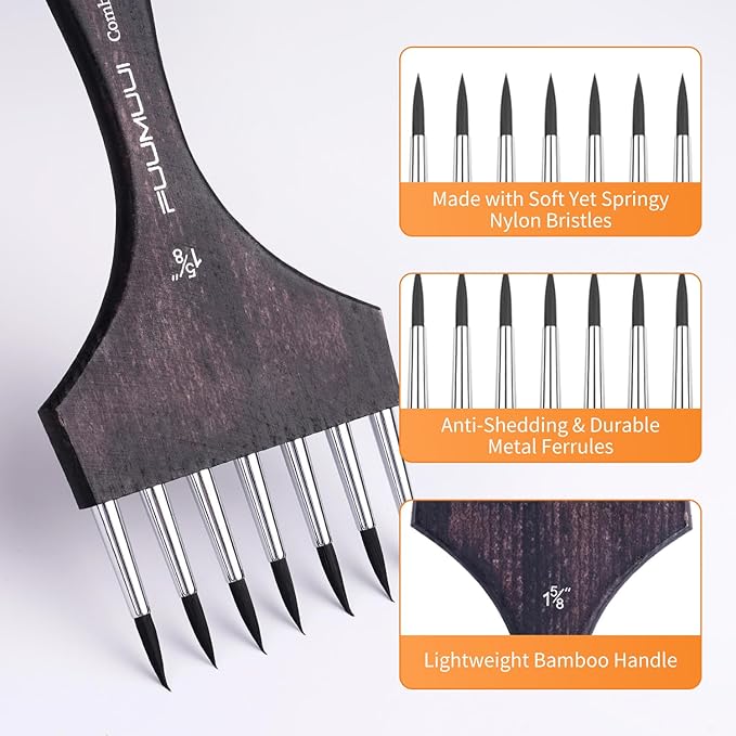 Multi-Head Round Comb Brush Set - Fuumuui 3Pcs Professional Synthetic Brushes, Designed for Textures and Special Effects for Acrylic Painting, Oil & Watercolor - Texture Brushes, Short Handle