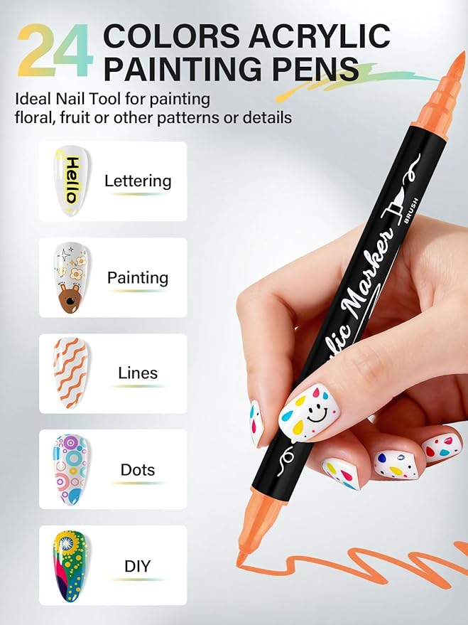 24 Colors Double-Ended Nail Art Marker Pens Set, EBANKU Nail Polish Pen for Nail Art, Fine Tip Nail Pen for Painting Nail, Nail Point Dotting Liner Drawing Pen for DIY Salon Home Beauty Adorn Manicure