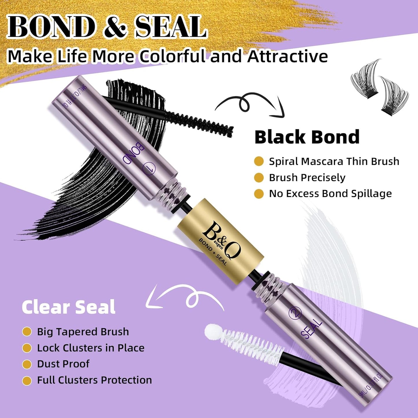 B&Q Lash Cluster Glue 10ml, Waterproof Bond and Seal Lash Glue, Long Lasting cluster lash glue, 2 in 1 Eyelash glue for Clusters Use Strong Hold 48h (Bond & Seal)