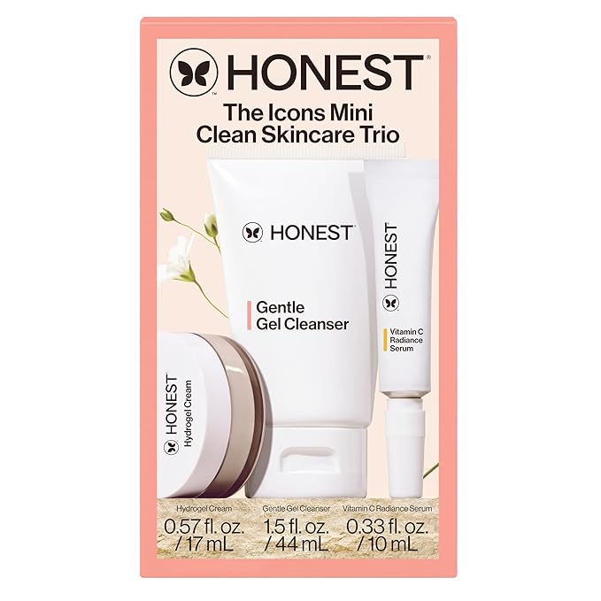 Honest Beauty The Icons Skincare Trio Travel Kit, Mini Hydrogel Cream, Gentle Gel Cleanser, Vitamin C Radiance Serum for Sensitive Skin, Vegan
