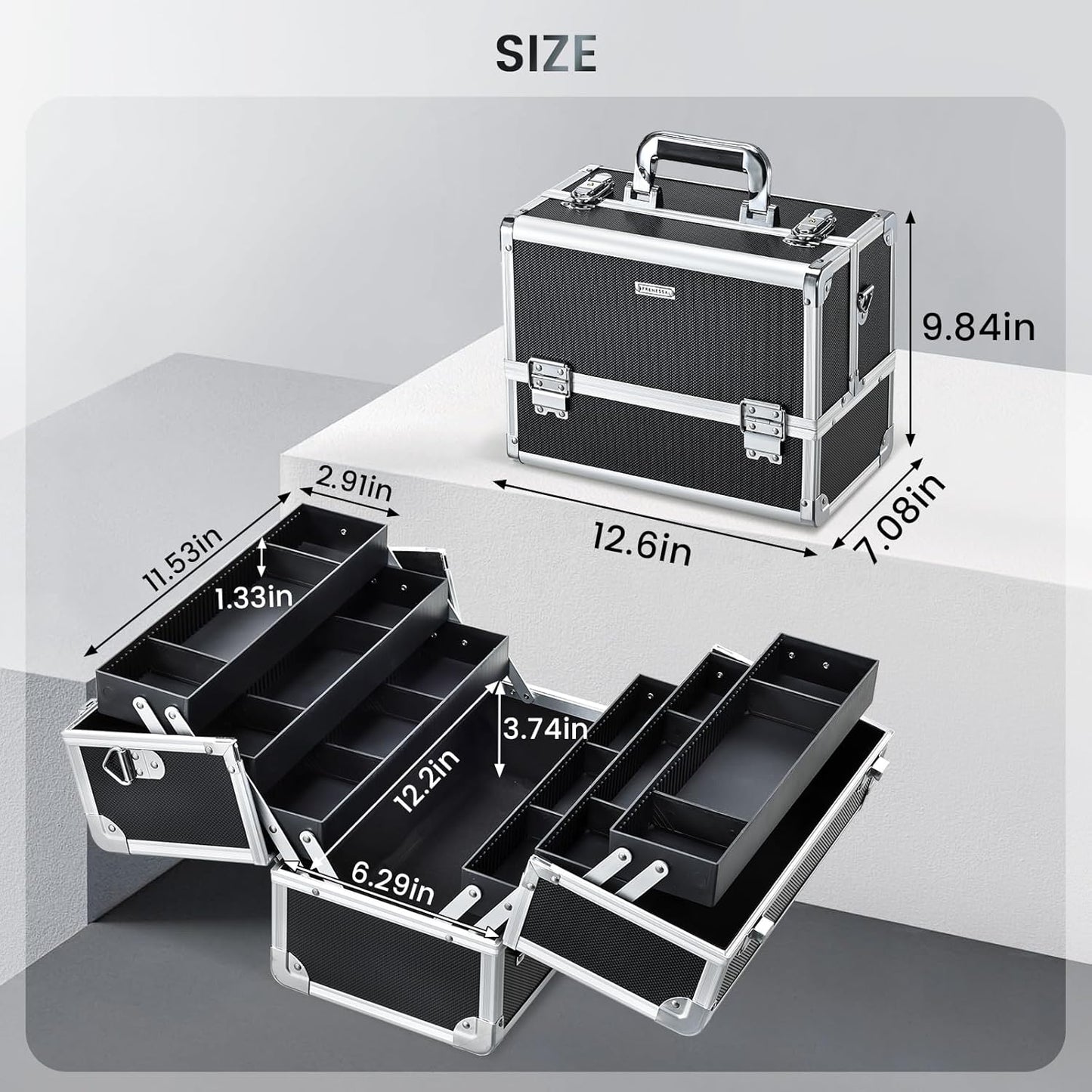 FRENESSA Makeup Train Case Makeup Case 12.6 Inch Large Cosmetic Box Organizer Travel Storage Professional Make Up Train Carrying Case with 6 Trays Locking Shoulder Strap Hard Vanity Storage Black