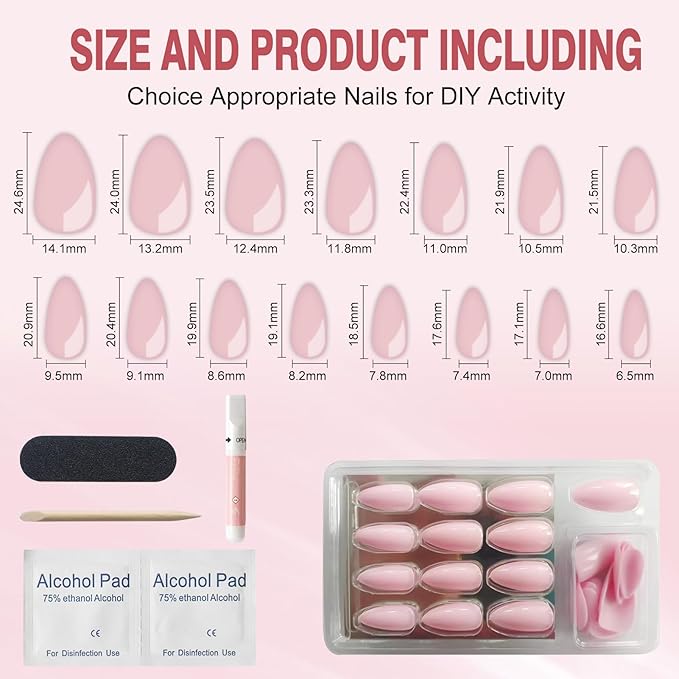 Rnker French Tip U Shape Press On Nails - Five colors Almond Top gel Nails with Bright Finish, 15 Sizes - 30 Nail Kit with Glue