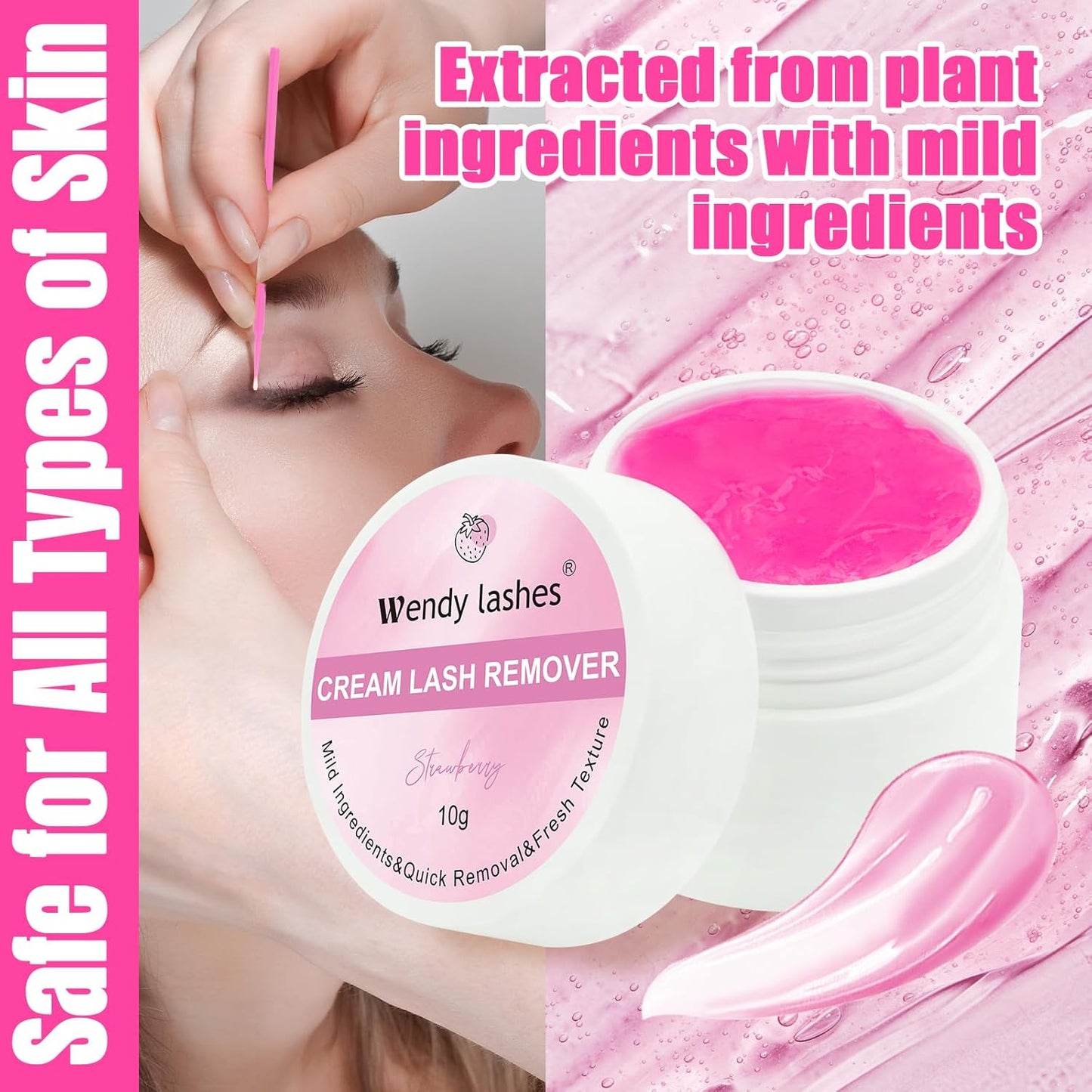 Wendy Lash Remover for Eyelash Extensions: Effectively Cluster Glue Remover Cream, Pink Strawberry