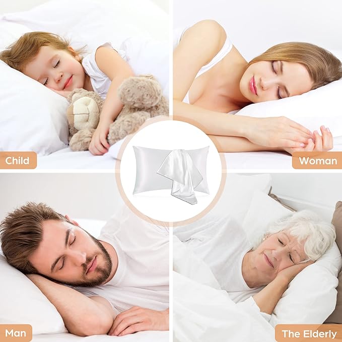 Silk Pillowcase for Hair and Skin, 2 Pack 100% Mulberry Silk Pillowcase 25 Momme, 600 Thread Count, Both Side Pure Silk Pillow Cover with Hidden Zipper (White, Queen 20''×30'')