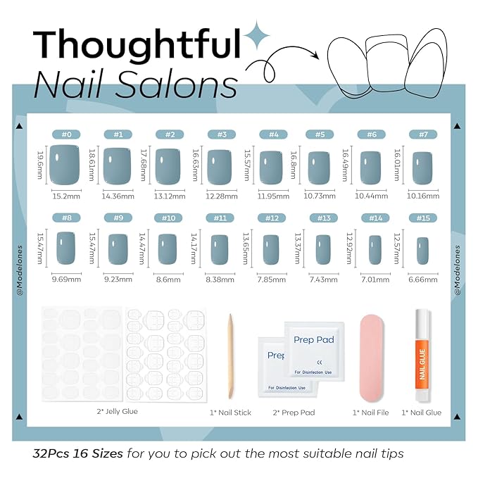 Modelones Steel Blue Press on Nails, Short Square Fake Nails, Reusable Nail Kit with Nail Glue Adhesive Tabs Mini Nail File, Nails Press Ons 32Pcs16 Sizes