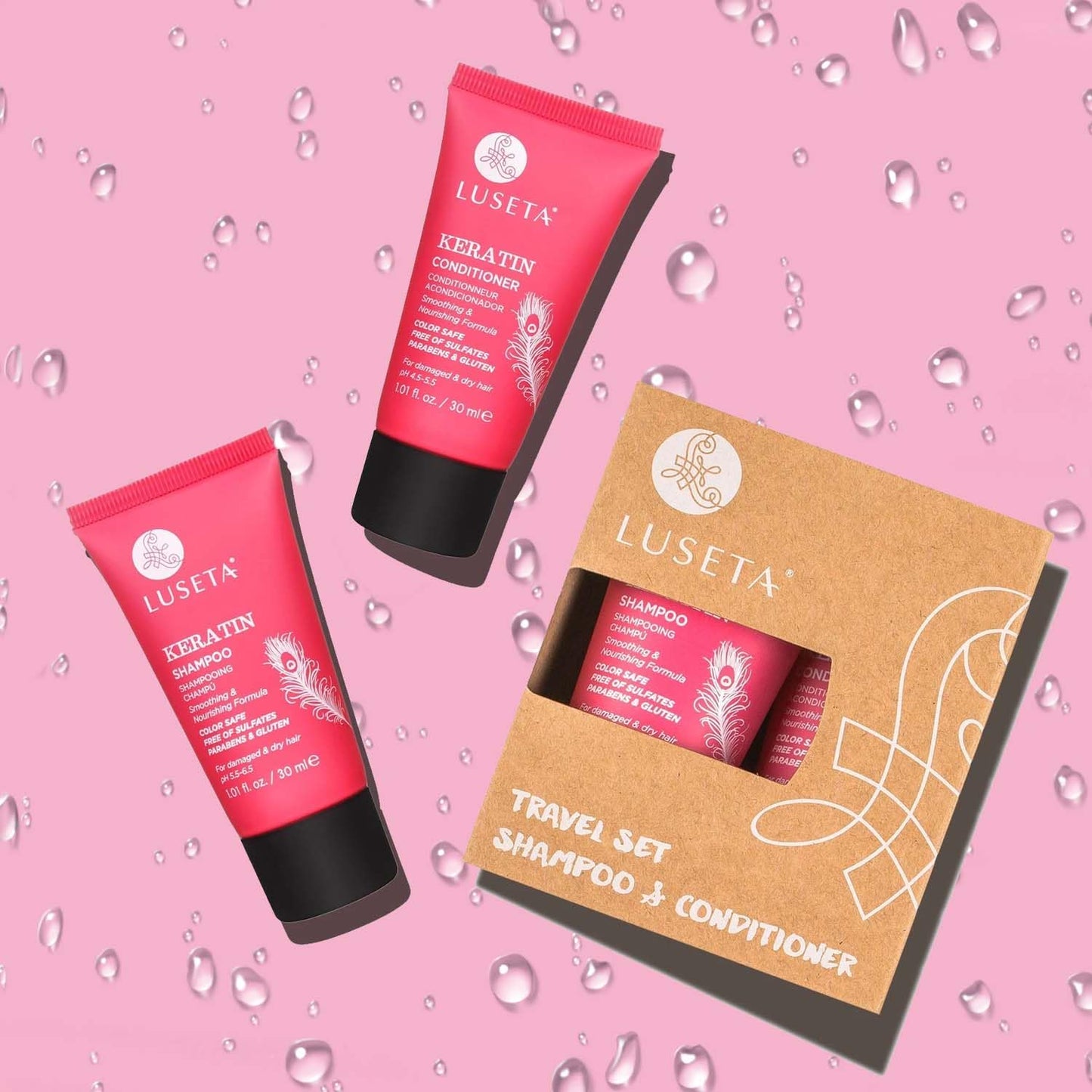 Luseta Keratin Shampoo Full + Travel Size Shampoo + Conditioner Set for Color Treated Damaged & Dry Hair, Keratin Hair Treatment for Smoothing& Nourishing (2x16.9 FL Oz + 2x1.01 FL Oz)