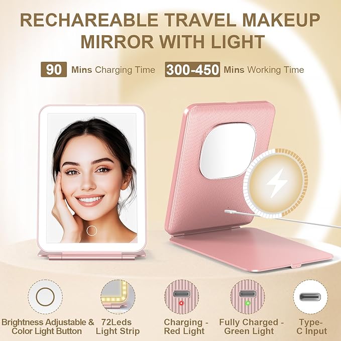 LED Foldable Travel Makeup Mirror - 5x7 inches 3 Colors Light Modes USB Rechargeable Touch Screen, Portable Tabletop Cosmetic for Travel, Cosmetic, Office (Rose Gold)