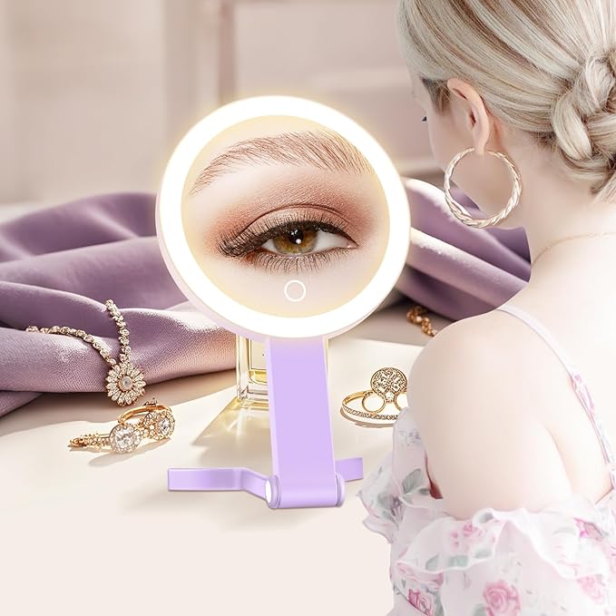Lighted Makeup Mirror, 30X Magnifying Mirror with Light, Hanging and Handheld Mirror with Handle, Purple