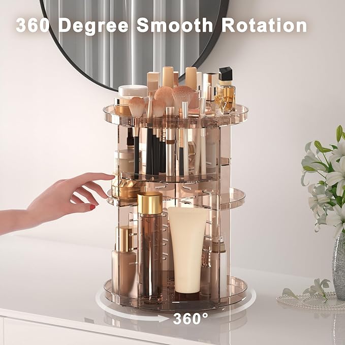 Rotating Makeup Organizer Countertop, DIY Adjustable Trays Spinning Skincare Organizers, Cosmetic Display Shelf with Perfume & Brush Holder, Multi-Function Desk Storage Carousel for Vanity Bathroom
